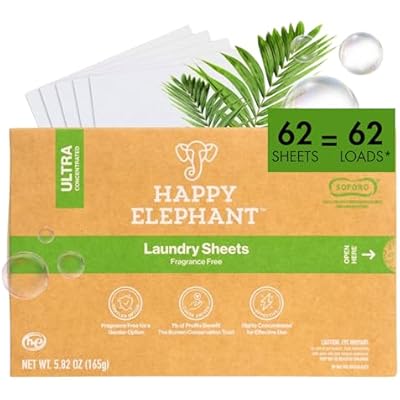 Happy Elephant Laundry Detergent Sheets, Fragrance Free, Natural Biodegradable Laundry Sheets, Plant Based, Tough on Stains, Gentle on Skin, Compatible with HE & Any Washing Machine, 62 Sheet, 1 Pack
