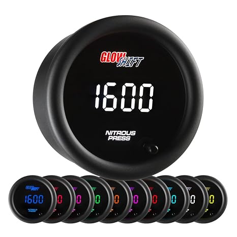 GlowShift 10 Color Digital 1,600 PSI Nitrous Pressure NOS Gauge Kit - Includes Electronic Sensor - Multi-Color LED Display - Tinted Lens - 2-1/16" (52mm)