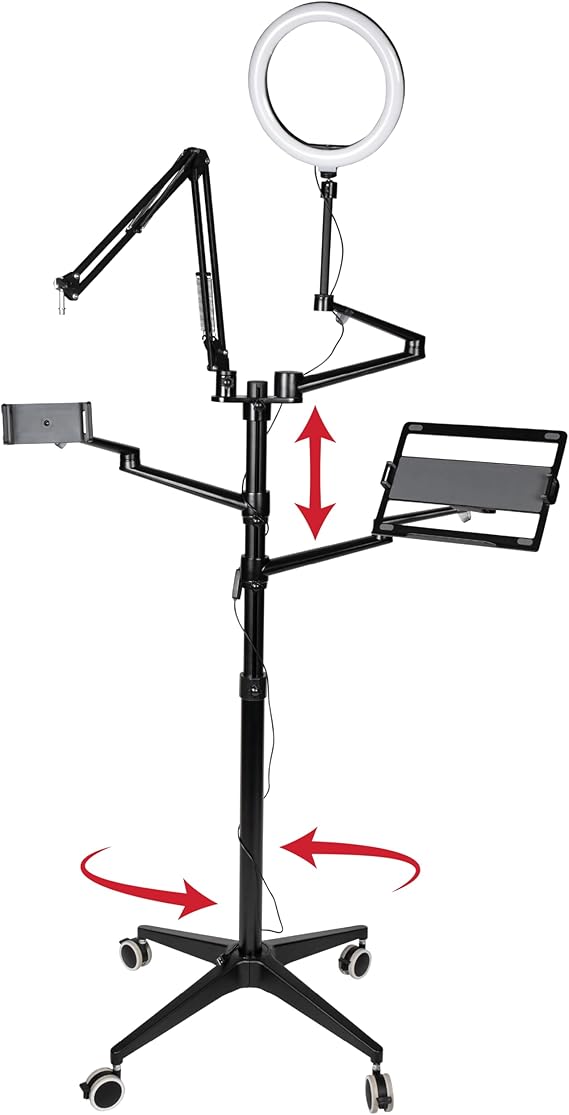 Gator Frameworks 5-in-1 Mobile Content Creator Streaming Stand with Wheeled Tripod Base Includes Smartphone, Tablet, Laptop Clamps, Ring Light, and More! (GFW-STREAMSTAND-W)