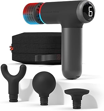 Sharper Image Powerboost Pro+ Hot & Cold Compact Deep Tissue Massage Gun - 6 Speed, 4 Attachments, Travel Case| Soothing Heat & Cold Therapy| Portable Lightweight Full Body Shoulder & Back Massager